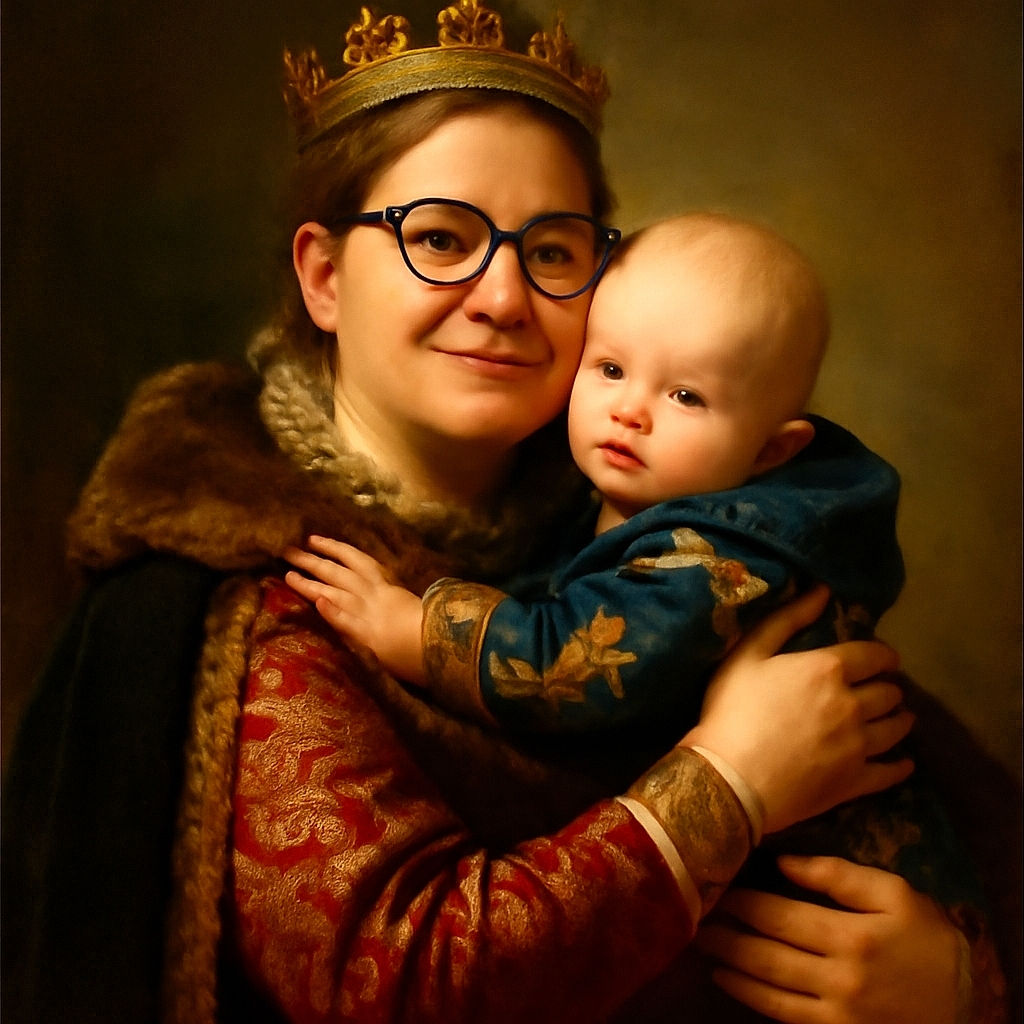 A cozy moment captured between a smiling woman with glasses and piercings and a curious baby in a patterned outfit, wrapped in a warm embrace with festive decorations faintly visible in the background.