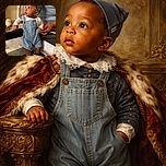A curious baby dressed in denim overalls and a cute blue cap looks off to the side with wide eyes, held securely by an adult wearing a light blue top. The background is softly blurred, highlighting the adorable little explorer's expression and colorful sneakers.