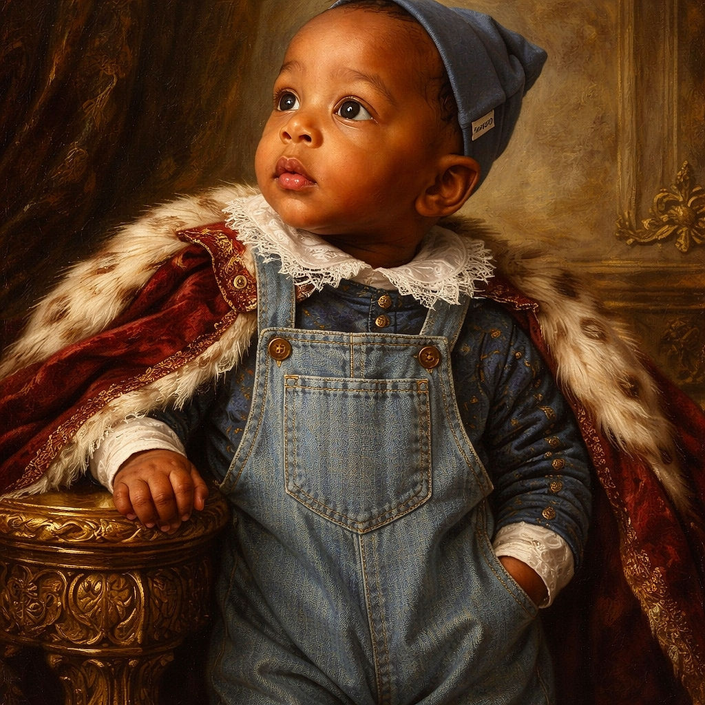 A curious baby dressed in denim overalls and a cute blue cap looks off to the side with wide eyes, held securely by an adult wearing a light blue top. The background is softly blurred, highlighting the adorable little explorer's expression and colorful sneakers.