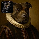 A striking close-up portrait of a black dog with a white patch on its chest, glistening with water droplets against a pitch-black background, capturing a majestic and contemplative expression.