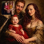 A cozy family moment with a smiling baby in a red dress sitting on a man's lap, flanked by a woman with vibrant hair and tattoos, all nestled on a couch under warm indoor lighting.