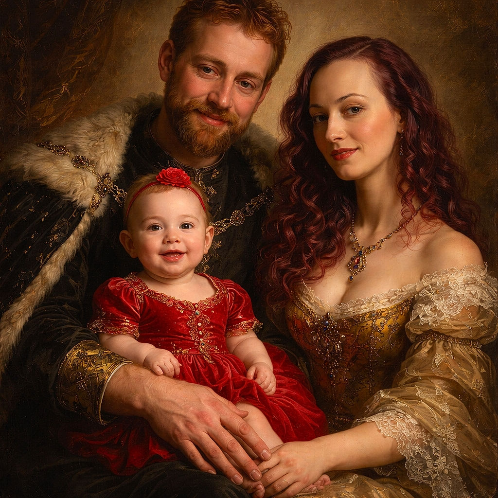 A cozy family moment with a smiling baby in a red dress sitting on a man's lap, flanked by a woman with vibrant hair and tattoos, all nestled on a couch under warm indoor lighting.