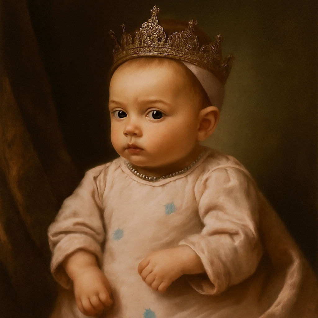 A curious baby in a pink floral outfit clings close to an adult, eyes wide open with a suspicious squint, surrounded by a lush garden bursting with colorful roses.