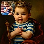 A chubby-cheeked baby in a blue and white striped outfit is being held by an adult, with the baby looking curiously at the camera and hands near the mouth, while the adult's arm with a watch and bracelets supports the baby.