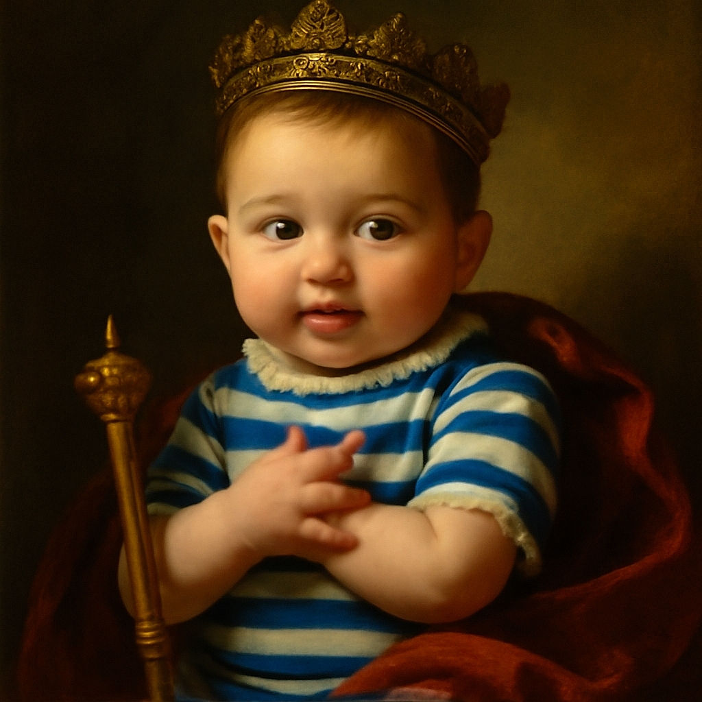 A chubby-cheeked baby in a blue and white striped outfit is being held by an adult, with the baby looking curiously at the camera and hands near the mouth, while the adult's arm with a watch and bracelets supports the baby.