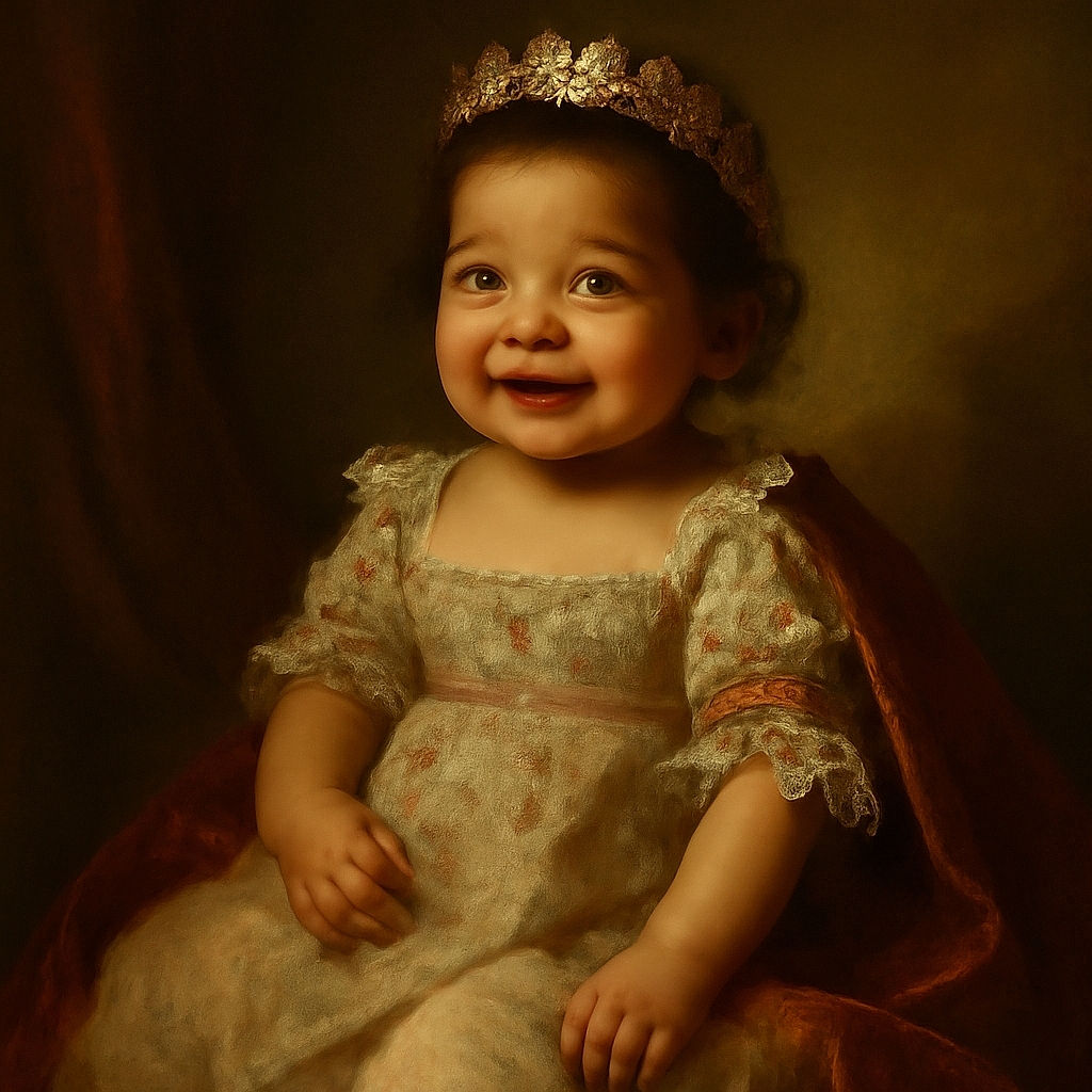 A joyful baby dressed in a pastel floral dress and matching headband is smiling widely while sitting comfortably in a colorful patterned car seat, showing off those tiny socks and a purple pacifier nearby, all set inside a car interior.