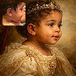 A close-up side profile of a young child with curly hair and an earring, with another person's face partially visible in the background, creating a cozy and intimate moment captured in soft lighting.