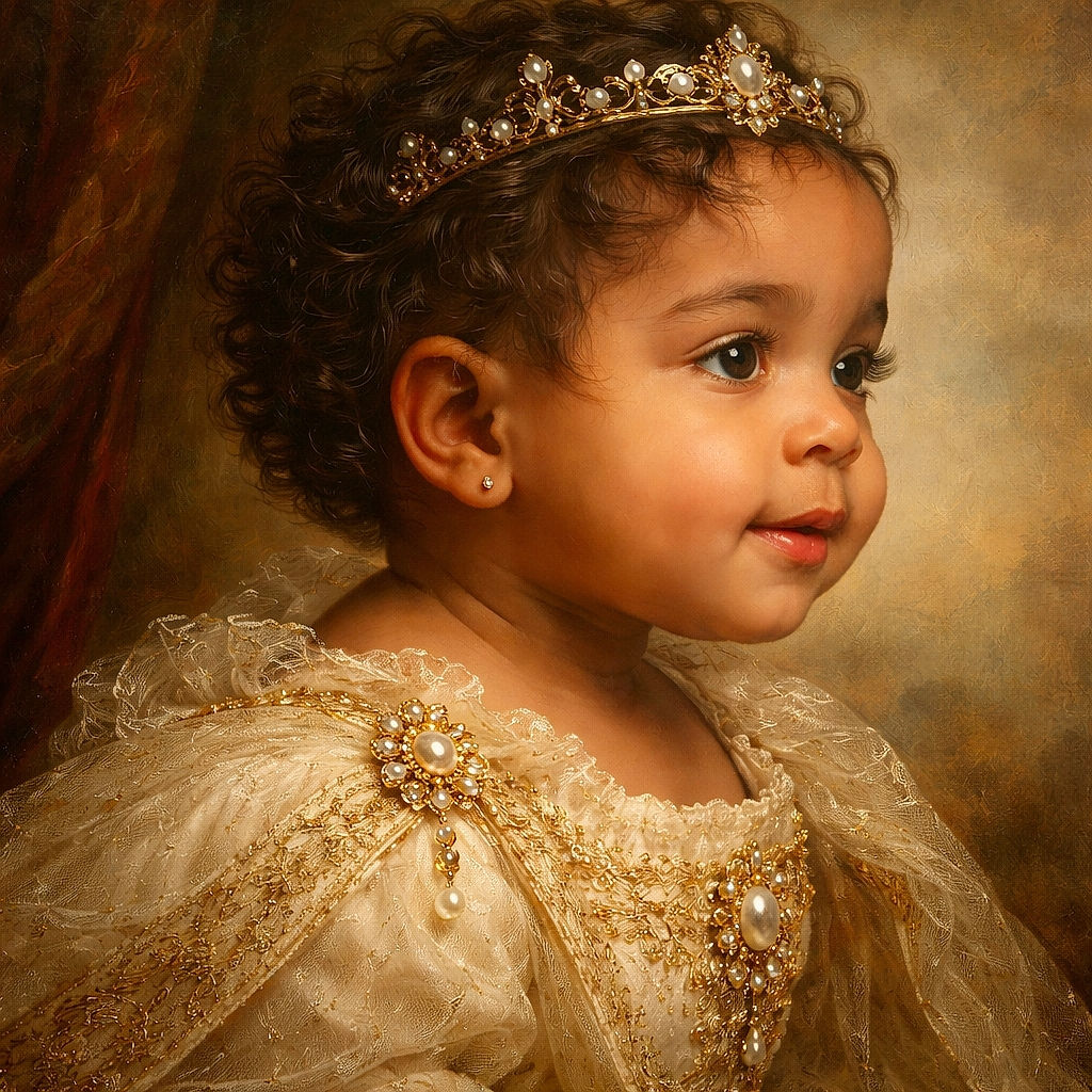 A close-up side profile of a young child with curly hair and an earring, with another person's face partially visible in the background, creating a cozy and intimate moment captured in soft lighting.