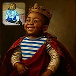 A joyful toddler sitting cross-legged on a cozy bed with a big smile, wearing a striped shirt and playful socks, radiating pure happiness in a warm, homely setting.