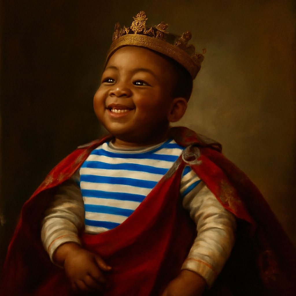 A joyful toddler sitting cross-legged on a cozy bed with a big smile, wearing a striped shirt and playful socks, radiating pure happiness in a warm, homely setting.