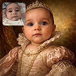 A close-up of a baby with wide, curious eyes and a slightly pouting expression, dressed in a floral-patterned outfit, lying on a soft quilted blanket with a checkered pillow in the background.
