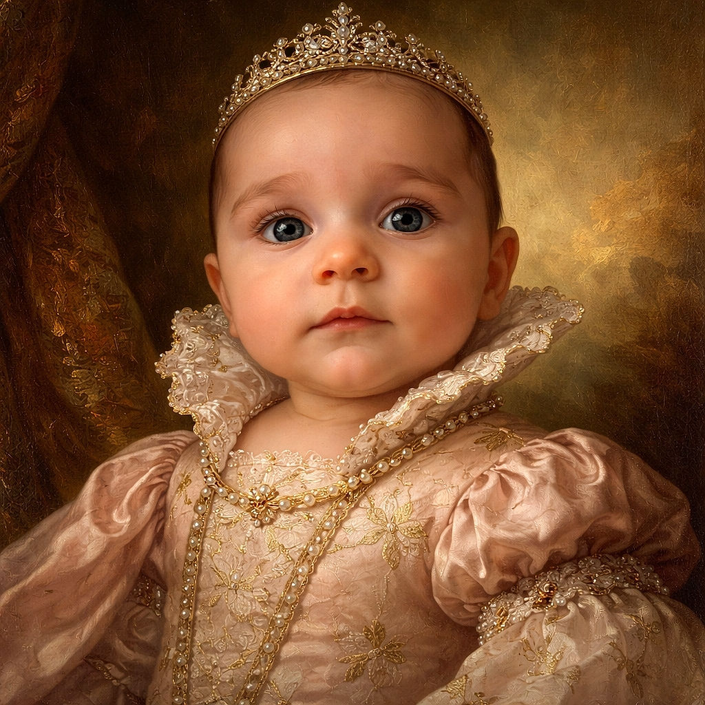 A close-up of a baby with wide, curious eyes and a slightly pouting expression, dressed in a floral-patterned outfit, lying on a soft quilted blanket with a checkered pillow in the background.
