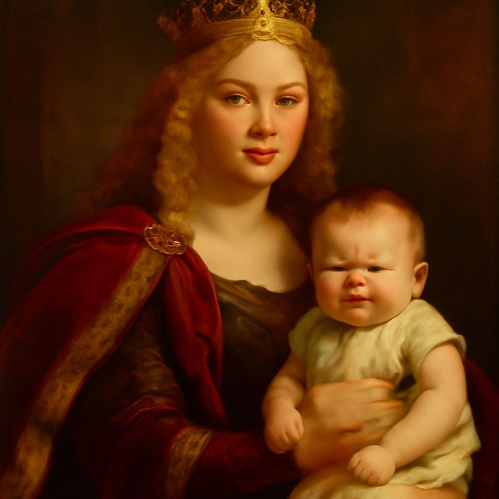 A playful selfie of a woman making a duck face while holding a baby who looks like they just smelled something funny, both sharing a candid moment indoors with soft lighting.
