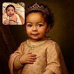 A wide-eyed baby wrapped in cozy blankets looks curiously at the camera while a gentle hand supports their chin, adding a touch of warmth and care to the intimate moment.