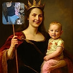 A joyful woman with a wide grin holds a smiling baby dressed in floral and pink pajamas, while a curious toddler with tousled hair looks up with an open mouth. The cozy indoor setting includes a patterned chair and a cluttered background, adding a candid, everyday life vibe.