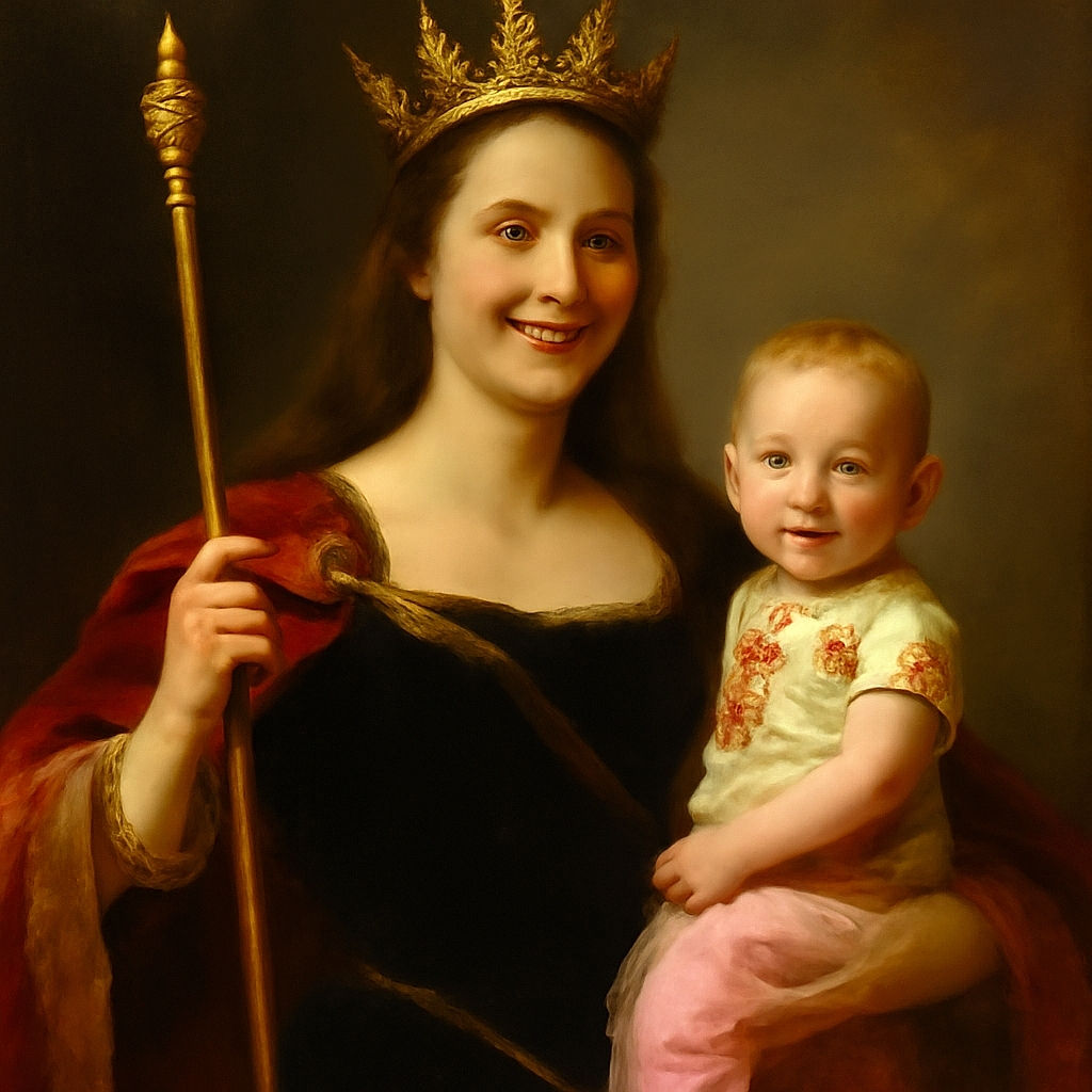 A joyful woman with a wide grin holds a smiling baby dressed in floral and pink pajamas, while a curious toddler with tousled hair looks up with an open mouth. The cozy indoor setting includes a patterned chair and a cluttered background, adding a candid, everyday life vibe.