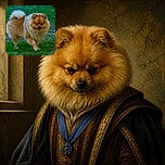 A fluffy golden-brown Chow Chow stands proudly on a grassy lawn, looking like a tiny, overstuffed lion who has just been promoted to garden security. Yellow flowers and soft greenery add a cheerful outdoor backdrop.