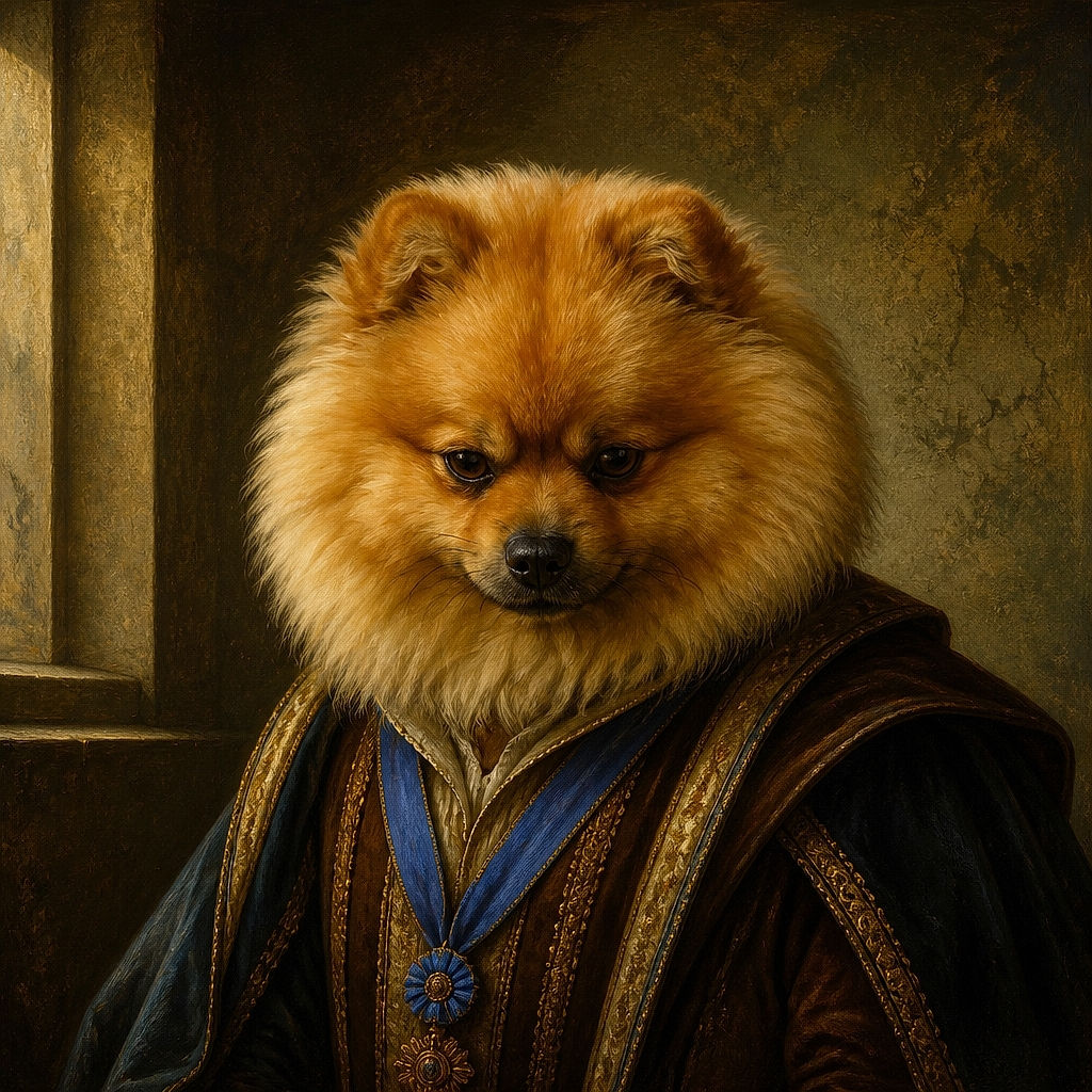 A fluffy golden-brown Chow Chow stands proudly on a grassy lawn, looking like a tiny, overstuffed lion who has just been promoted to garden security. Yellow flowers and soft greenery add a cheerful outdoor backdrop.