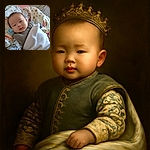 A cozy baby wrapped in a soft white blanket lies on a bed with floral and animal-patterned sheets, looking curiously at the camera with a pacifier resting nearby.