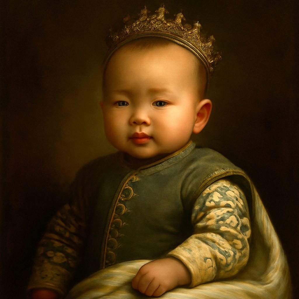 A cozy baby wrapped in a soft white blanket lies on a bed with floral and animal-patterned sheets, looking curiously at the camera with a pacifier resting nearby.