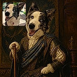 A cheerful black-and-white dog beams at the camera with a tongue-out grin, mismatched-looking eyes, enormous fluffy ears, and the unmistakable expression of a professional treat negotiator. Sunlight, greenery, mountains, and a patterned curtain make the outdoor setting feel like a very scenic dog portrait studio.