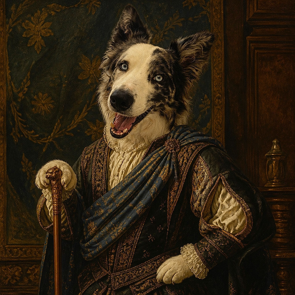 A cheerful black-and-white dog beams at the camera with a tongue-out grin, mismatched-looking eyes, enormous fluffy ears, and the unmistakable expression of a professional treat negotiator. Sunlight, greenery, mountains, and a patterned curtain make the outdoor setting feel like a very scenic dog portrait studio.