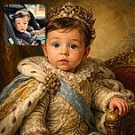 A wide-eyed baby with soft curls sits securely strapped in a car seat, looking curiously at the camera with a gentle expression, surrounded by cozy black padding and colorful toys.
