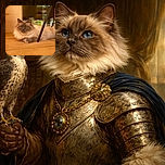 A fluffy, serene cat lounges comfortably on a warm-toned tile floor, with soft natural light highlighting its thick fur. The background is softly blurred, with a black chair leg adding an interesting diagonal element to the composition.