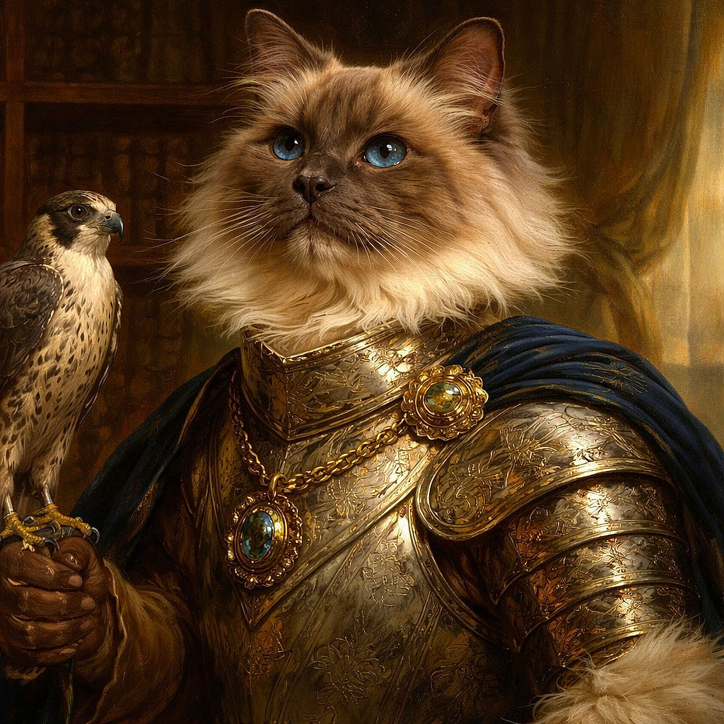 A fluffy, serene cat lounges comfortably on a warm-toned tile floor, with soft natural light highlighting its thick fur. The background is softly blurred, with a black chair leg adding an interesting diagonal element to the composition.