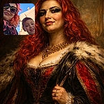 A cheerful selfie featuring a woman with vibrant red hair and sunglasses alongside a smiling young boy holding a blue toy against a clear blue sky and beige building backdrop, radiating a fun and casual vibe.