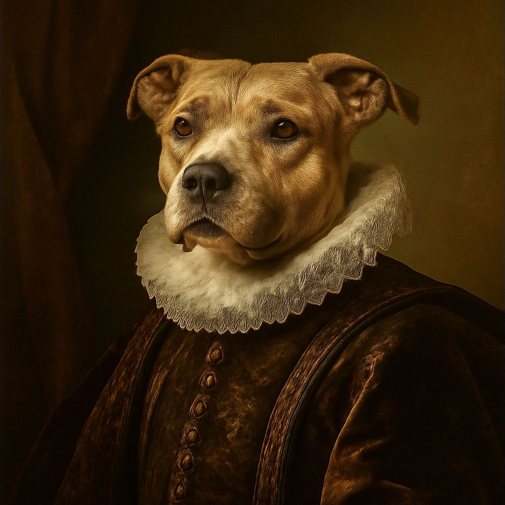 A happy dog with its tongue out sits on a bed covered with patterned pillows and blankets, looking directly at the camera with an expression full of joy and excitement. The background features a red curtain and a window, creating a cozy indoor setting.