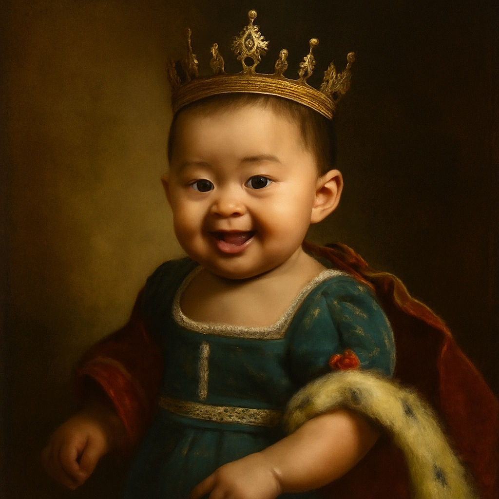 A joyful toddler in a blue dress with dog prints is playfully leaning forward, mouth open in mid-expression, sitting on a brown leather couch with a white wall and lamp in the background.