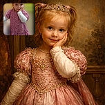 A little girl with blonde hair tied in pigtails stands thoughtfully with her hand on her cheek, dressed in a cute pink patterned dress over a white long-sleeve shirt and black shoes, against a softly blurred background.