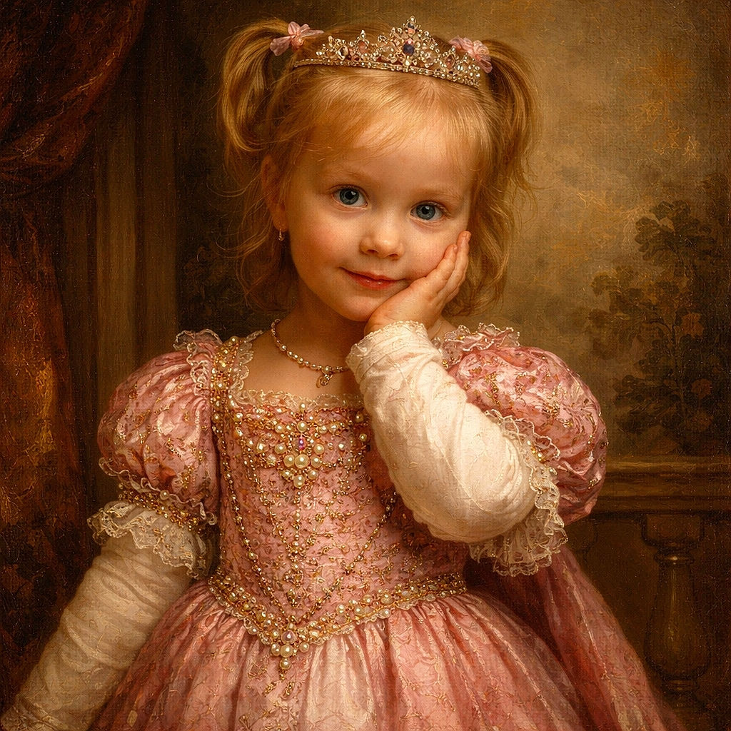 A little girl with blonde hair tied in pigtails stands thoughtfully with her hand on her cheek, dressed in a cute pink patterned dress over a white long-sleeve shirt and black shoes, against a softly blurred background.