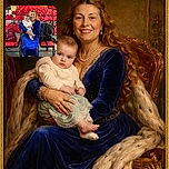 A cheerful woman in a vibrant blue dress is sitting on a red chair, holding a curious baby dressed in pastel colors. They are surrounded by rows of empty red chairs in what seems like a community hall or event space, with a festive tree peeking in the background. The baby looks intrigued by the camera while the woman beams with a warm smile.