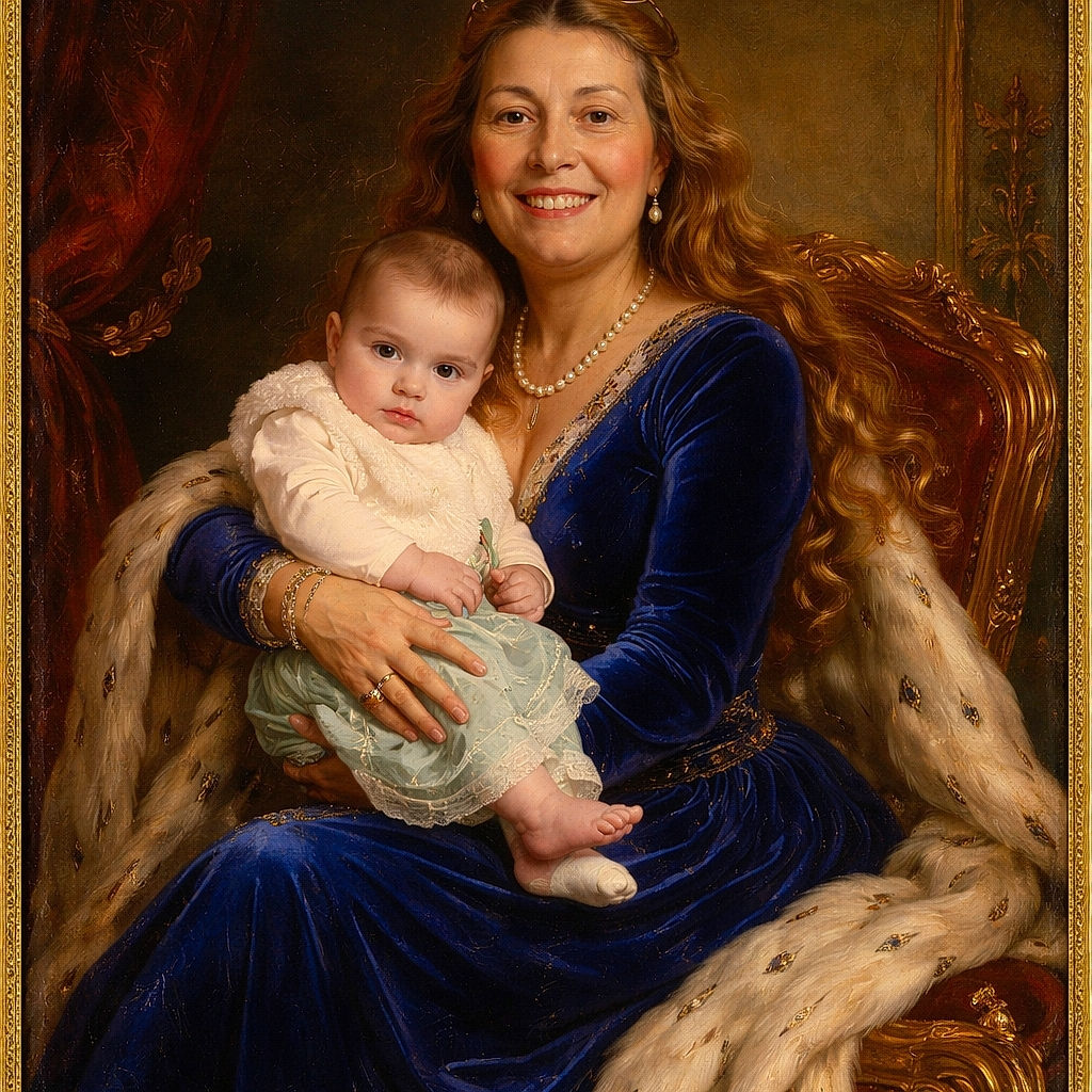 A cheerful woman in a vibrant blue dress is sitting on a red chair, holding a curious baby dressed in pastel colors. They are surrounded by rows of empty red chairs in what seems like a community hall or event space, with a festive tree peeking in the background. The baby looks intrigued by the camera while the woman beams with a warm smile.