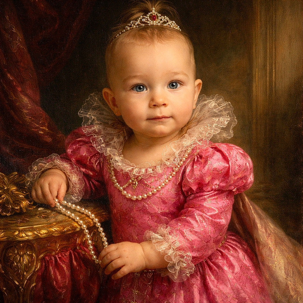 A determined tiny human in a vibrant hot-pink outfit plants their feet and reaches for balance while an adult steadies them — expression stoic, snack remnants on the chin, and absolutely owning the living-room runway.