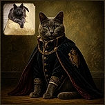 A dignified charcoal-gray cat lounges on a yellow patterned chair with its paws crossed like a tiny furry aristocrat, staring into the camera as if it has just returned from a very important meeting.