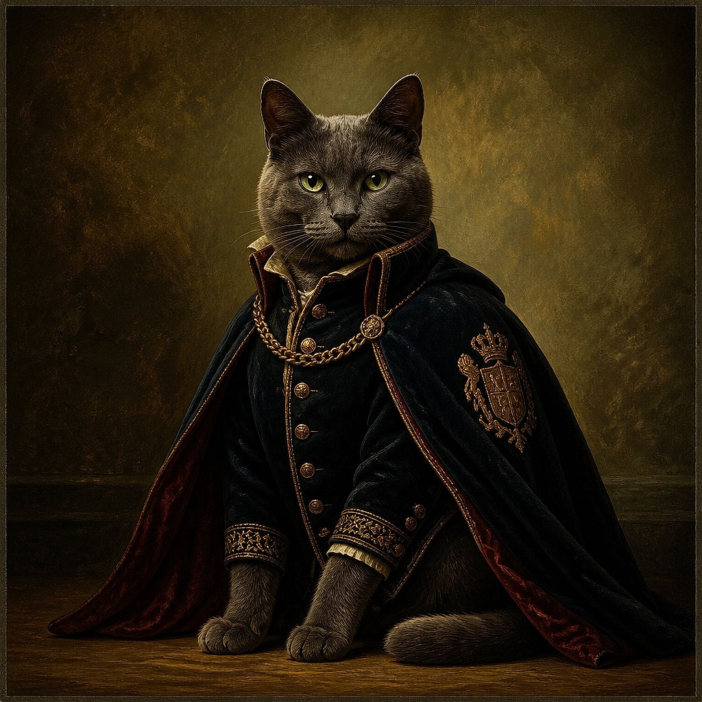 A dignified charcoal-gray cat lounges on a yellow patterned chair with its paws crossed like a tiny furry aristocrat, staring into the camera as if it has just returned from a very important meeting.