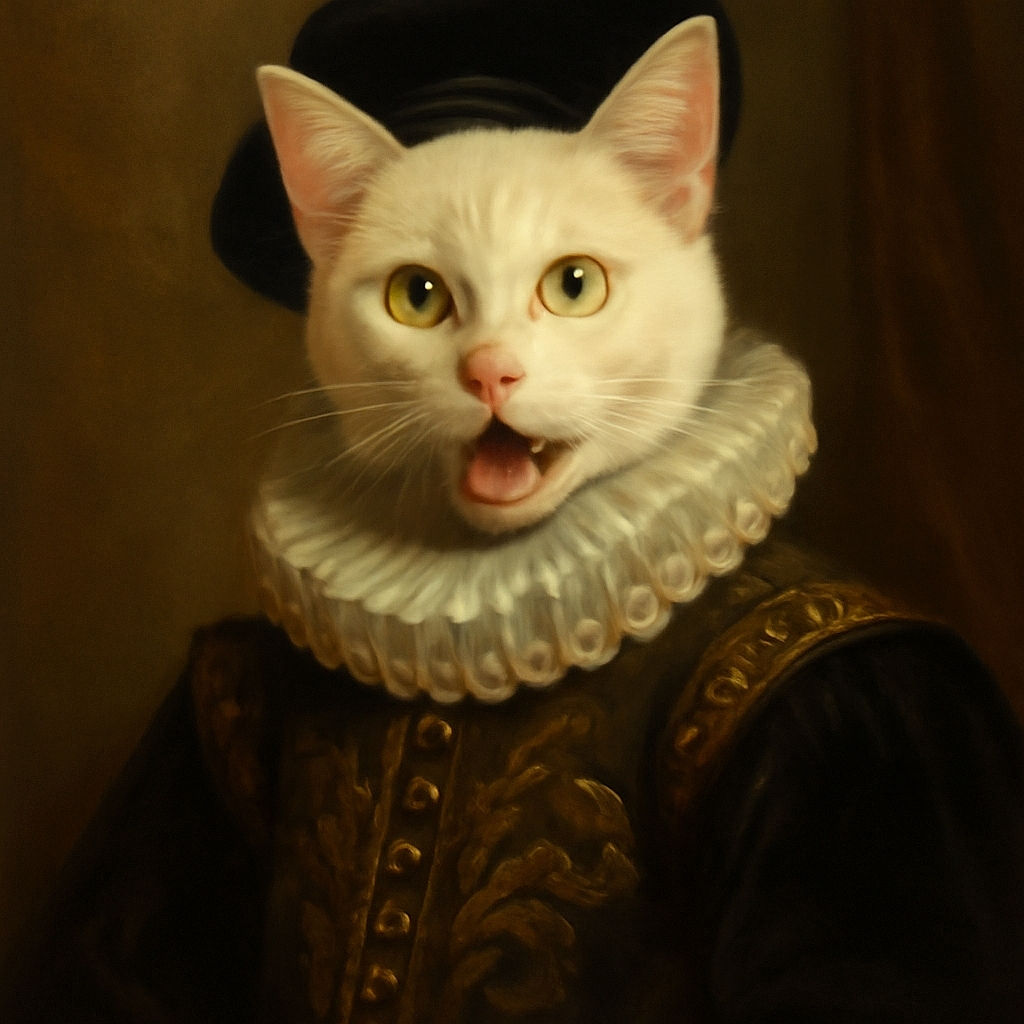 A white cat with striking yellow-green eyes is lounging on a textured gray blanket, caught mid-meow or yawn, looking like it's about to deliver a dramatic speech from the comfort of its throne.