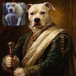 A white dog with a few dark spots is sitting on a couch, looking directly at the camera with a calm and slightly curious expression. The background is softly blurred, and the lighting is moderate but a bit dim, giving the photo a cozy indoor feel.