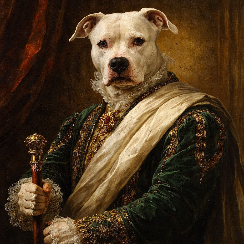 A white dog with a few dark spots is sitting on a couch, looking directly at the camera with a calm and slightly curious expression. The background is softly blurred, and the lighting is moderate but a bit dim, giving the photo a cozy indoor feel.