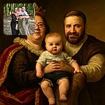 A happy family moment captured in a lush green forest, with a smiling man and woman holding an adorable baby perched on a tree stump, all basking in the dappled sunlight filtering through the leaves.