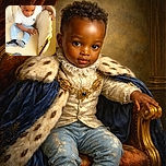 A cute toddler with a curious expression sits comfortably on a cream-colored cushioned chair, dressed in a white polo shirt and ripped blue jeans, with tiny feet clad in socks, exploring the chair's armrest with one hand while looking down.