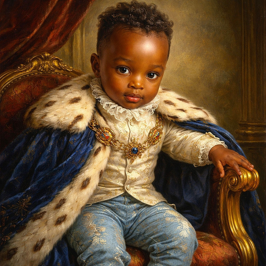 A cute toddler with a curious expression sits comfortably on a cream-colored cushioned chair, dressed in a white polo shirt and ripped blue jeans, with tiny feet clad in socks, exploring the chair's armrest with one hand while looking down.