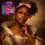 A young person with glasses and a pink bow in her curly hair poses thoughtfully with a finger near her lips, bathed in soft pink and purple lighting that gives a dreamy, moody vibe.