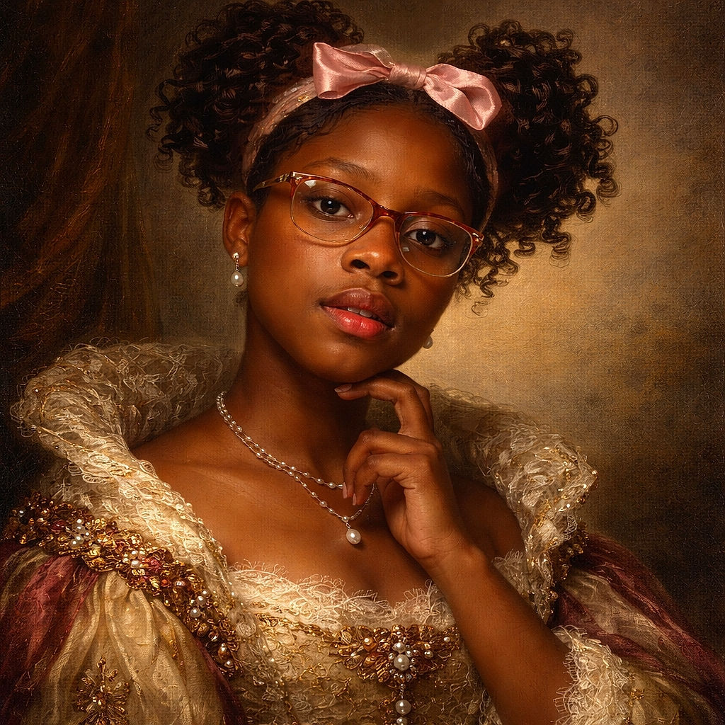 A young person with glasses and a pink bow in her curly hair poses thoughtfully with a finger near her lips, bathed in soft pink and purple lighting that gives a dreamy, moody vibe.