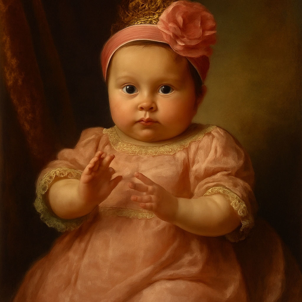 A cute baby dressed in pink with a big flower headband is lying on a purple and white quilt, reaching out with tiny hands as if trying to grab the camera, surrounded by soft toys and cozy blankets.