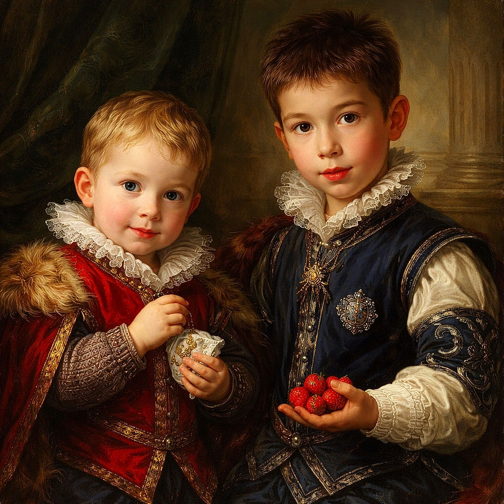 Two kids perched on a mossy step in front of a rustic wooden fence — one nibbling a snack with a hoodie pulled up, the other making an exaggerated wide‑eyed face while holding a strawberry. Bright casual clothes, scuffed shoes, and a backyard vibe give this candid a warm, playful energy.