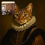 A curious tabby cat sits cozily on a wooden shelf surrounded by blue and white ceramic jars and figurines, including a cat-shaped vase. The backdrop is a rustic wooden wall with a framed picture of a statue, creating a warm and charming indoor scene.